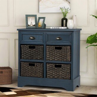 Rustic Antique Navy Storage Cabinet with Two Drawers and Four Rattan Basket