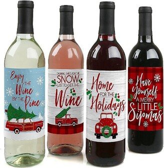 Big Dot of Happiness Merry Little Christmas Tree - Red Truck and Car Christmas Party Decor for Women and Men - Wine Bottle Label Stickers - Set of 4