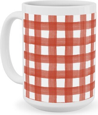 Mugs: Red Watercolor Gingham Ceramic Mug, White, 15Oz, Red