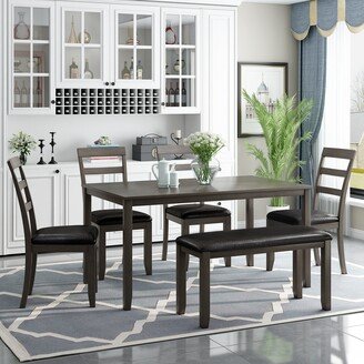 TOSWIN 6-piece Kitchen Simple MDF Panel Wooden Dining Table and Chair with Bench and PU Leather Upholstered Cushion