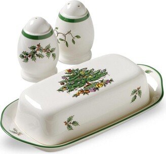 Christmas Tree 3-Piece Hostess Set, Butter Dish & 3 Salt/Pepper Shakers - Butter Dish: 8 in / Salt & Pepper: 3 in