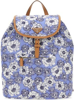 Triangle Logo Plaque Flower Printed Backpack