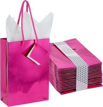 Sparkle and Bash Blue Panda 20 Pack Small Metallic Hot Pink Birthday Gift Bags for with White Tissue Paper, 7.9 x 5.5 x 2.5 In