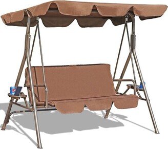 GOLDSUN 3 Person Outdoor Weather Resistant Patio Glider Swing Hammock w/ Utility Tray, Removable Cushion, & Canopy for Patio, Garden, or Deck, Coffee