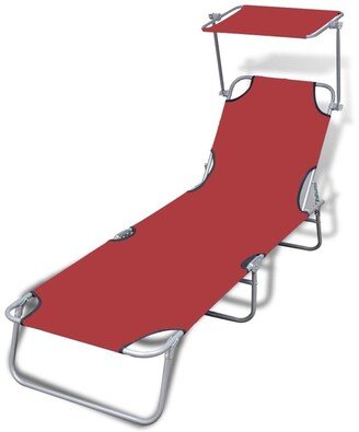 Folding Sun Lounger with Canopy Steel and Fabric Red - 74.4 x 22.8 x 10.6