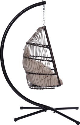 Patio Wicker Folding Hanging Chair,Rattan Swing Hammock Egg Chair With C Type Bracket