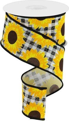 Sunflowers On Faux Royal Black/White Check Wired Ribbon, Sunflower, 2.5