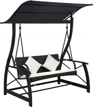 TONWIN 3-Seater Garden Swing Bench with Canopy Poly Rattan Black, Patio Swing