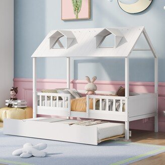 CTEX Twin Size Solid Wood Kid's Bed with Twin Sizw Trundle Bed, House-Shaped Frame and Wood Slats