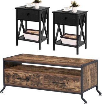 3-pieces Living Room Set Brown Coffee Table and Nightstands set of 2