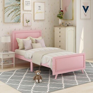 Calnod Twin Size Wooden Platform Bed with Vintage Headboard and Footboard, Solid Wood Slats Support, Lovely Style for Kids' Bedroom