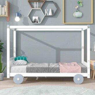 EDWINRAY Twin Size Car-Shaped Platform Bed with Wheels and Canopy Design