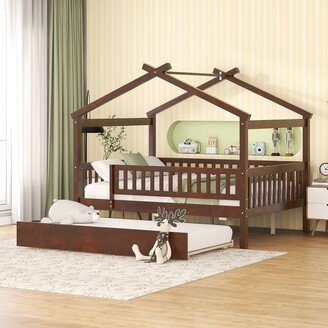 EDWINRAY Full House-Shaped Daybed with Trundle, Wooden Platform Bedframe w/Roof & Safety Guardrail for Kids, Teens, Boys or Girls, Walnut