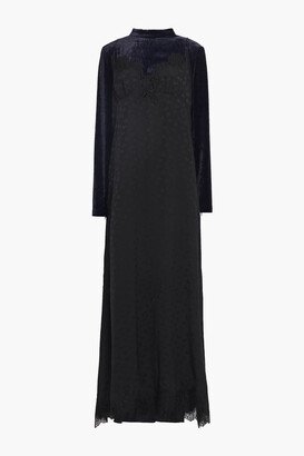 Lace-trimmed velvet and satin-jacquard maxi dress