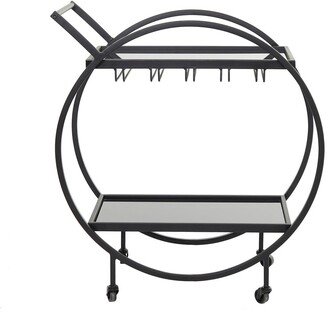 VIVIAN LUNE HOME Black Metal 2-Mirrored Shelves Rolling Bar Cart with Wine Glass Storage and Handle