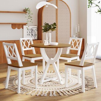 EDWINRAYLLC 5-Piece Round Dining Table Set with Trestle Legs and 4 Cross Back Dining Chairs, Antique Oak+White