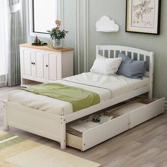 GREATPLANINC Twin Platform Storage Bed Wood Bed Frame with Two Drawers and Headboard, 10 Reinforced Slats No Box Spring Needed, White