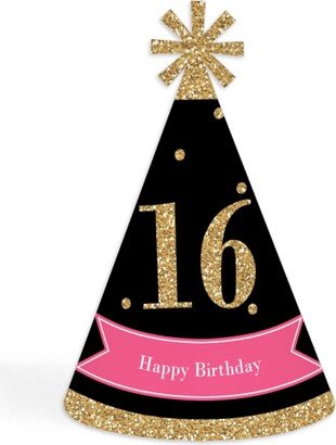 Big Dot Of Happiness Chic 16th Birthday , Black Gold - Cone Party Hats Set of 8 (Standard Size)