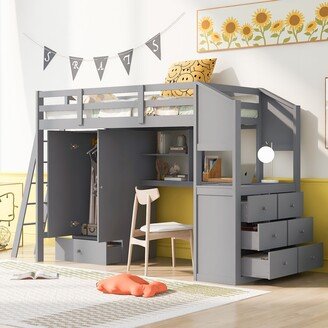 GEROJO Gray Pine Wood Loft Bed with Wardrobe, Desk with Drawers, and Swappable Ladder, Twin Size, No Box Spring Needed