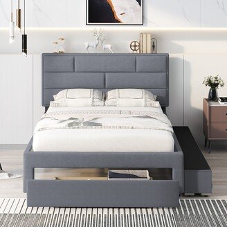 Calnod Full Size Linen Upholstered Platform Bed With A Drawer & Shelves