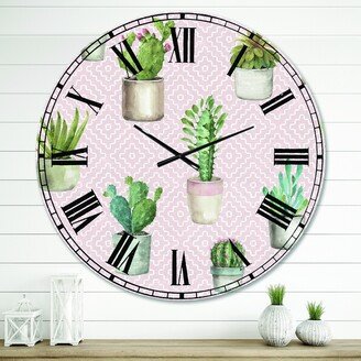 Designart 'Potted Cactus on Pink Geometrical Pattern' Cottage Large Wall CLock