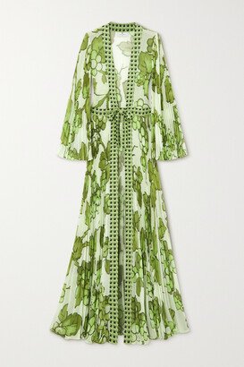 Printed Plissé-georgette Robe - Green