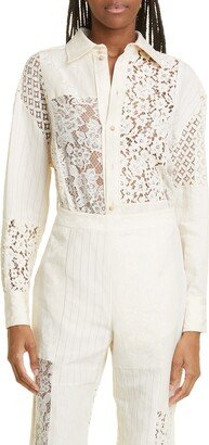 Lace Patchwork Cotton & Linen Button-Up Shirt