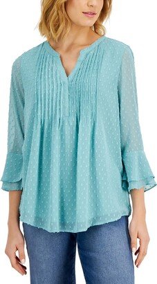 Petites Womens Pintuck Split Neck Blouse