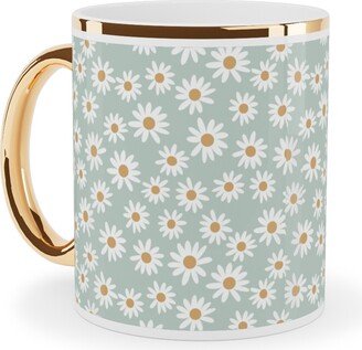 Mugs: Daisy Print Ceramic Mug, Gold Handle, 11Oz, Blue
