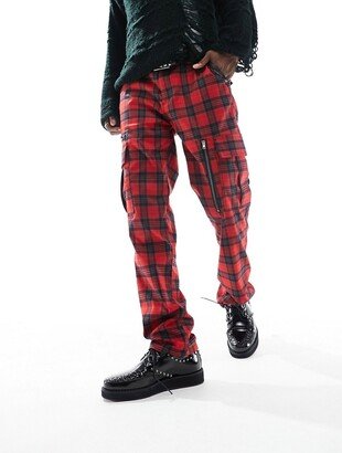 straight tartan plaid cargo pants in red with leather look details