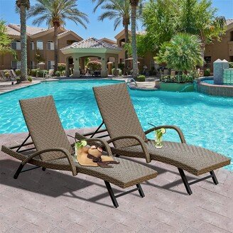 Aoolive Set of 2 Outdoor PE Wicker Rattan Armrest Chaise Lounge with Adjustable Back, Summer Beach Poolside Recliners