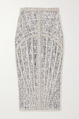 Faux Pearl-embellished Sequined Chiffon Midi Skirt - Silver
