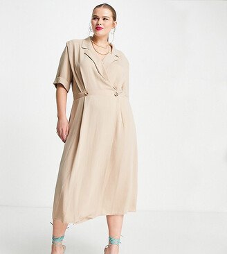 ASOS DESIGN Curve wrap tux midi dress with shoulder pads in stone