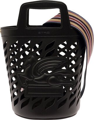 Black Bucket Bag With Multicolor Shoulder Strap And Pegasus Detail In Perforated Leather Woman