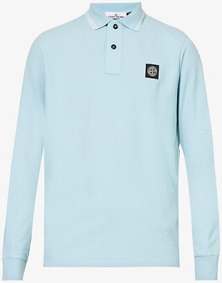 Mens Sky Blue Logo-badge Long-sleeved Stretch-cotton-piqué Polo Shirt Xxl