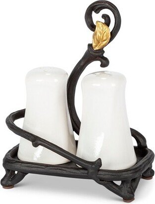 GG Collection Gold Leaf Salt & Pepper Shakers and Espresso Brown Metal Holder with Gold Leaf Accents