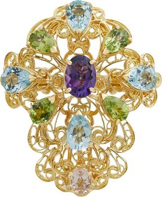 18kt yellow gold Pizzo filigree amethyst, aquamarines, peridots and morganite ring