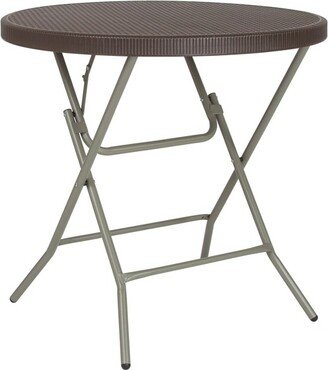 Emma and Oliver 2.6-Foot Round Brown Rattan Plastic Folding Table - Outdoor Event Table