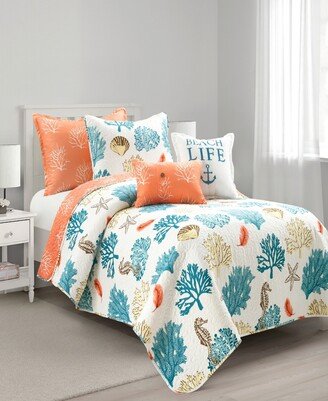 Coastal Reef Feather Reversible Oversized 5-Piece Quilt, Twin/Twin Xl