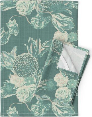 Blue Chintz Tea Towels | Set Of 2 - Mid Century Mod Floral By Peacoquettedesigns Flowers Aqua Teal Linen Cotton Spoonflower