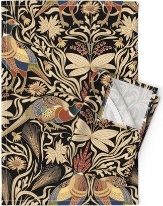 Pheasants Tea Towels | Set Of 2 - By Boszorka Birds Botanical Floral Wildlife Black Cream Linen Cotton Spoonflower