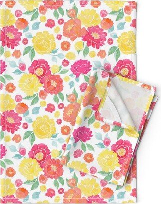 Bright Floral Tea Towels | Set Of 2 - Summer By Angelinamariadesigns Pink Yellow Bold Linen Cotton Spoonflower