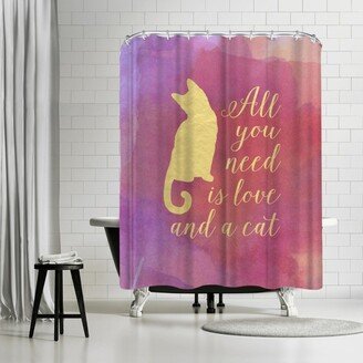 71 x 74 Shower Curtain, Love And A Cat Watercolor & Gold by Samantha Ranlet