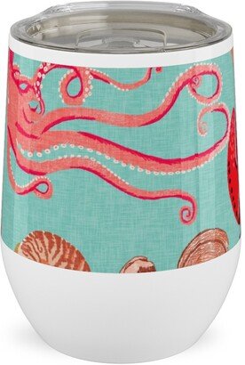 Travel Mugs: Ocean Creatures - Red On Green Stainless Steel Travel Tumbler, 12Oz, Red