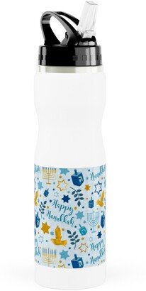 Photo Water Bottles: Happy Hanukkah - Blue Stainless Steel Water Bottle With Straw, 25Oz, With Straw, Blue