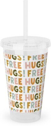 Travel Mugs: Free Hugs! - Multi Warm Acrylic Tumbler With Straw, 16Oz, Multicolor