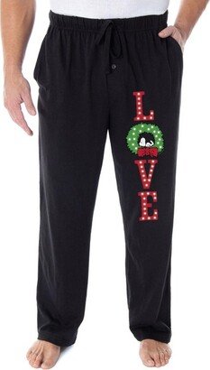 Peanuts Snoopy Pajama Pants LOVE Christmas Wreath Loungewear Sleep Pants (2XL) Black