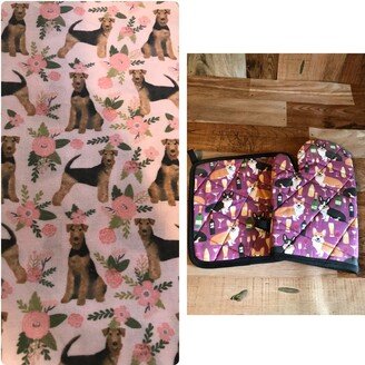 Airedale Terrier Themed Insulated/Quilted Pot Holder & Oven Mitt Set/Individual, Made To Order