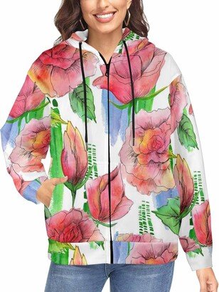 LOSARON Bright Watercolor Roses Women's Full-Zip Hooded Sweatshirt with Thumb Holes Full-Zip Hooded Sweatshirt Comfortable Hoodie S