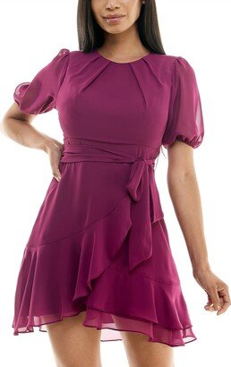 Juniors' Jewel-Neck Puff-Sleeve Faux-Wrap Dress